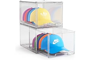 ZHAIXIAONIAN 2 Pack Hat Organizer Box for Baseball Caps Organizer, Hat Organizer Box with Sliding Drawer, Hat Holder Storage Organizer, Clear Drawer Stackable for Hats Snapback Cap Storage