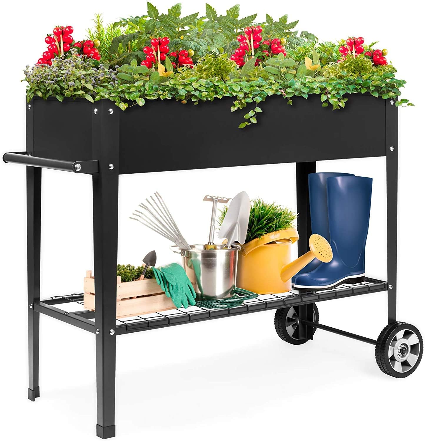 Mobile Raised Metal Planter Elevated Garden Bed for Backyard, Patio W
