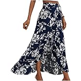 Milumia Women's Boho Floral Print Knot Side Split Wrap Flowy High Waisted Long Maxi Skirt