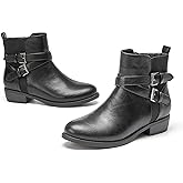VJH confort Women's Ankle Boots,Round Toe Low Heel Comfort Elastic Booties with Side Zipper Buckle Strap
