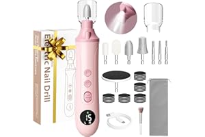CCIGEDY Professional Manicure Pedicure Electric Toenail Grinder Kit - Cordless Electric Nail File Set for Thick Nails Hand Feet Care ,15 Speed,Nail Drill with LED Display Ideal Gift for Men and Women-Pink