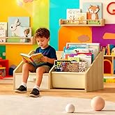 FKWin Kids Bookshelf with Seat - Forward-Facing Book Shelf for Kids Rooms,Nursery Bookcase with 5-Tier Montessori Shelf,Wooden