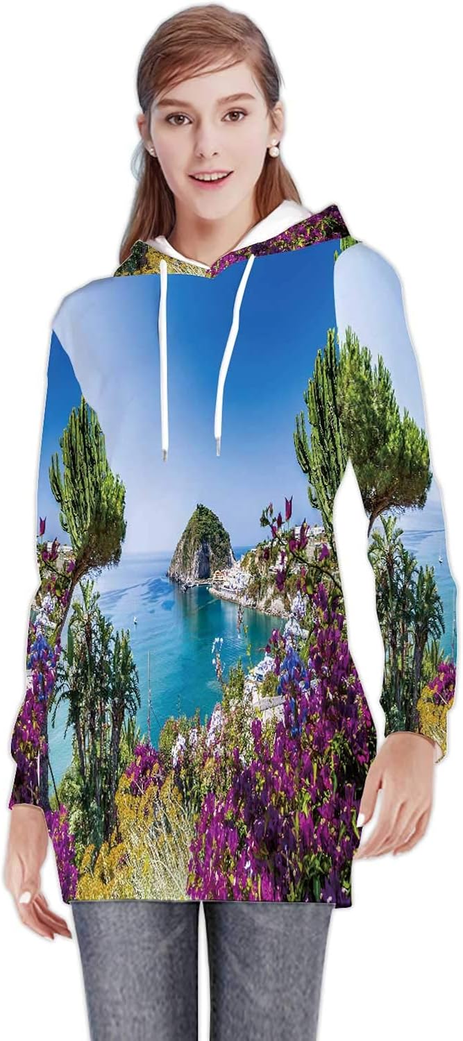 Pretty Lady - ing Pug While Working on -s in Home Office,Women's Sweatshirt Casual Long Sleeve Pullover Hoodie Dress