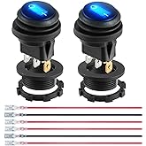 12 Volt Toggle Switch Waterproof 2 PCS, Blue LED Lighted Round Rocker Switch Panel with 6 Hot-Melt Terminals and 20cm Detachable Wires, SPST 3 Pin Marine On Off Switch for Car Boat RV Truck 12V/20A