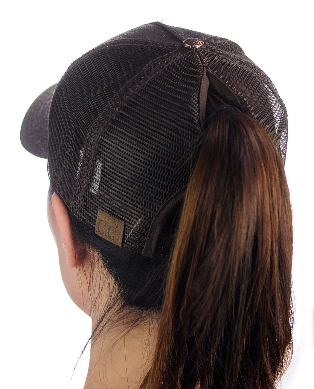 C.C Ponycap Messy High Bun Ponytail Adjustable Glitter Mesh Trucker Baseball Cap