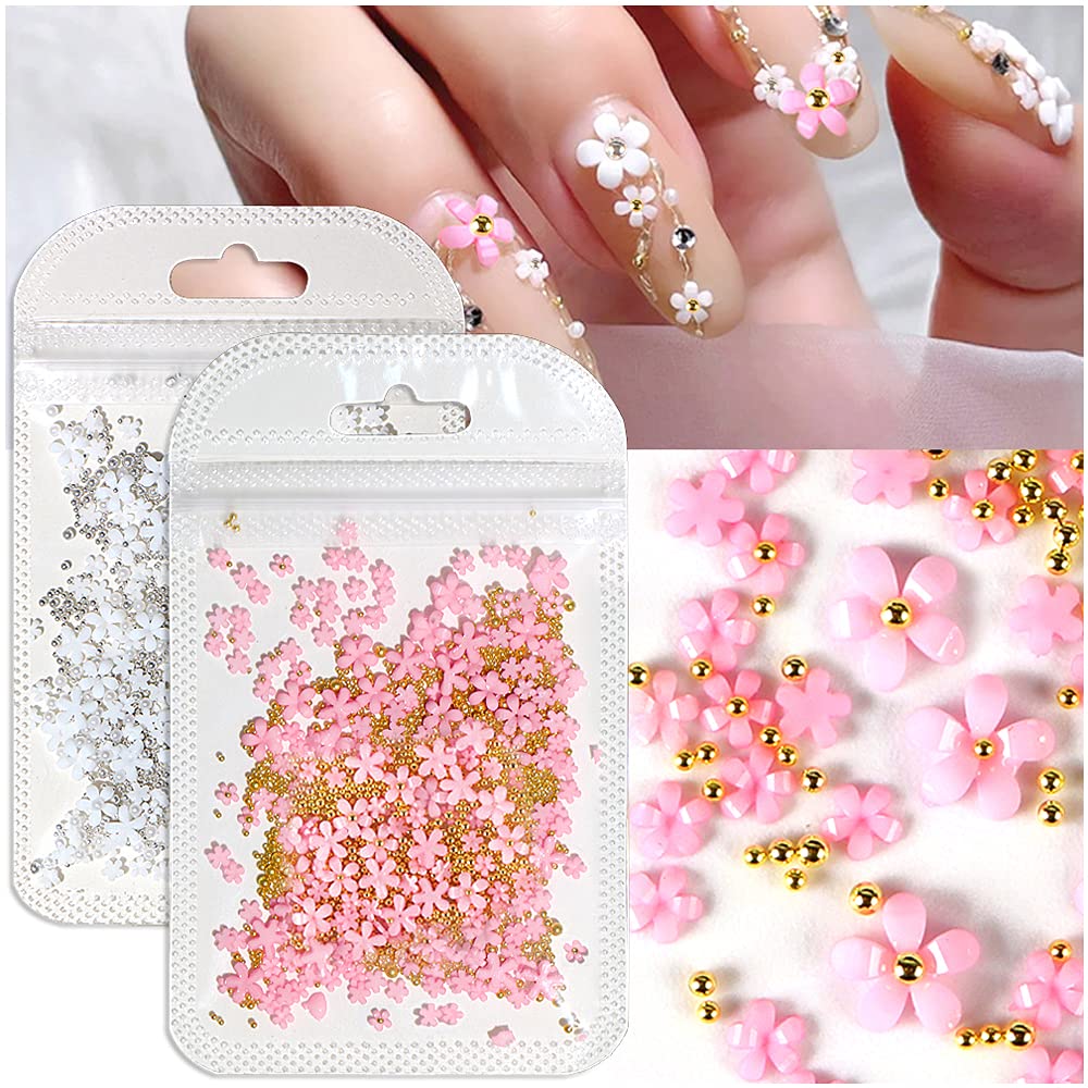 Dornail White Pink 3D Acrylic Flower Nail Charms With Pearl Golden Caviar Beads Nail Art Accessories Nail Designs for DIY Nail Decorations Nail Art Supplies