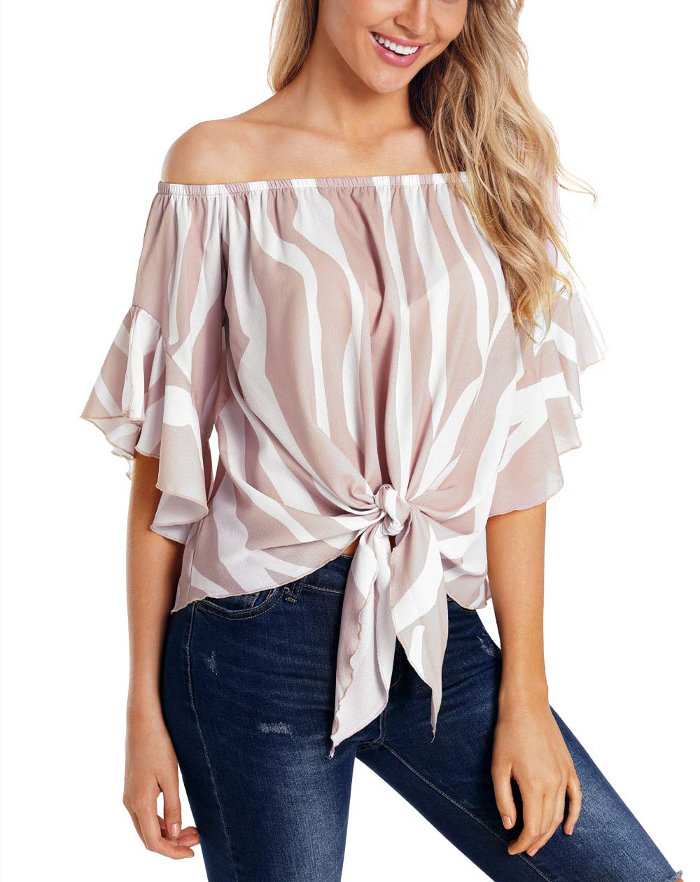 Women\'s Summer top Off-The-Shoulder Sexy Flared Sleeve Bow tie Casual Shirt (Purple, L)