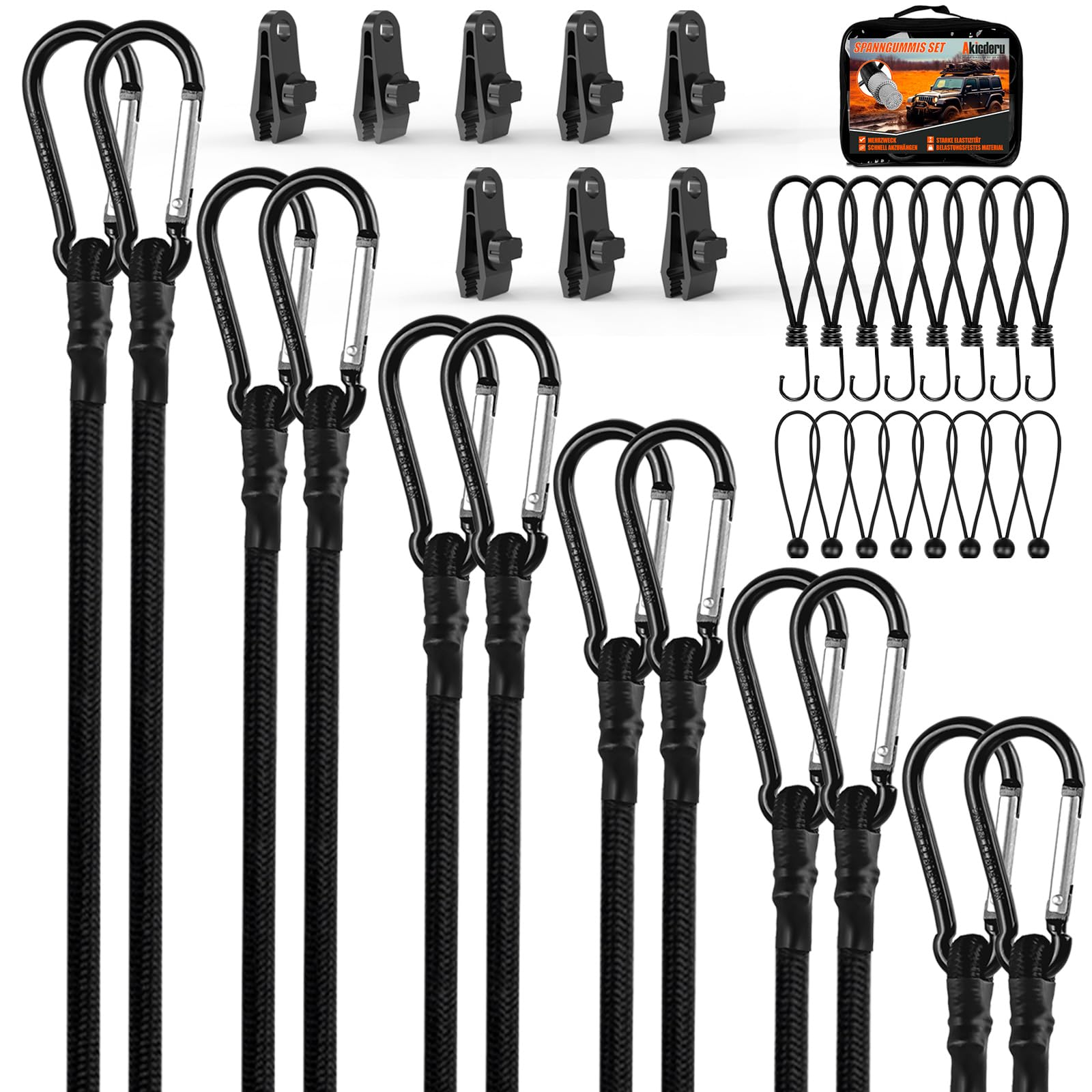 Akicderu Expander with Hooks, 36 Pieces Elastic Straps with Hook Set Including Expander with Carabiner, Versatile Rubber Tensioner with Hooks, Rubber Bands with Hooks