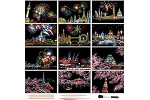 AP ARTSPER Magic Scratch Art Paper(7.9"x5.5") Rainbow Landscape Engraving Art Mini Scratchboard DIY Pads for Adults and Kids, Crafts Set: 12 Sheets Scratch Postcard Cards & Drawing Pens, Tools(Fireworks Series)