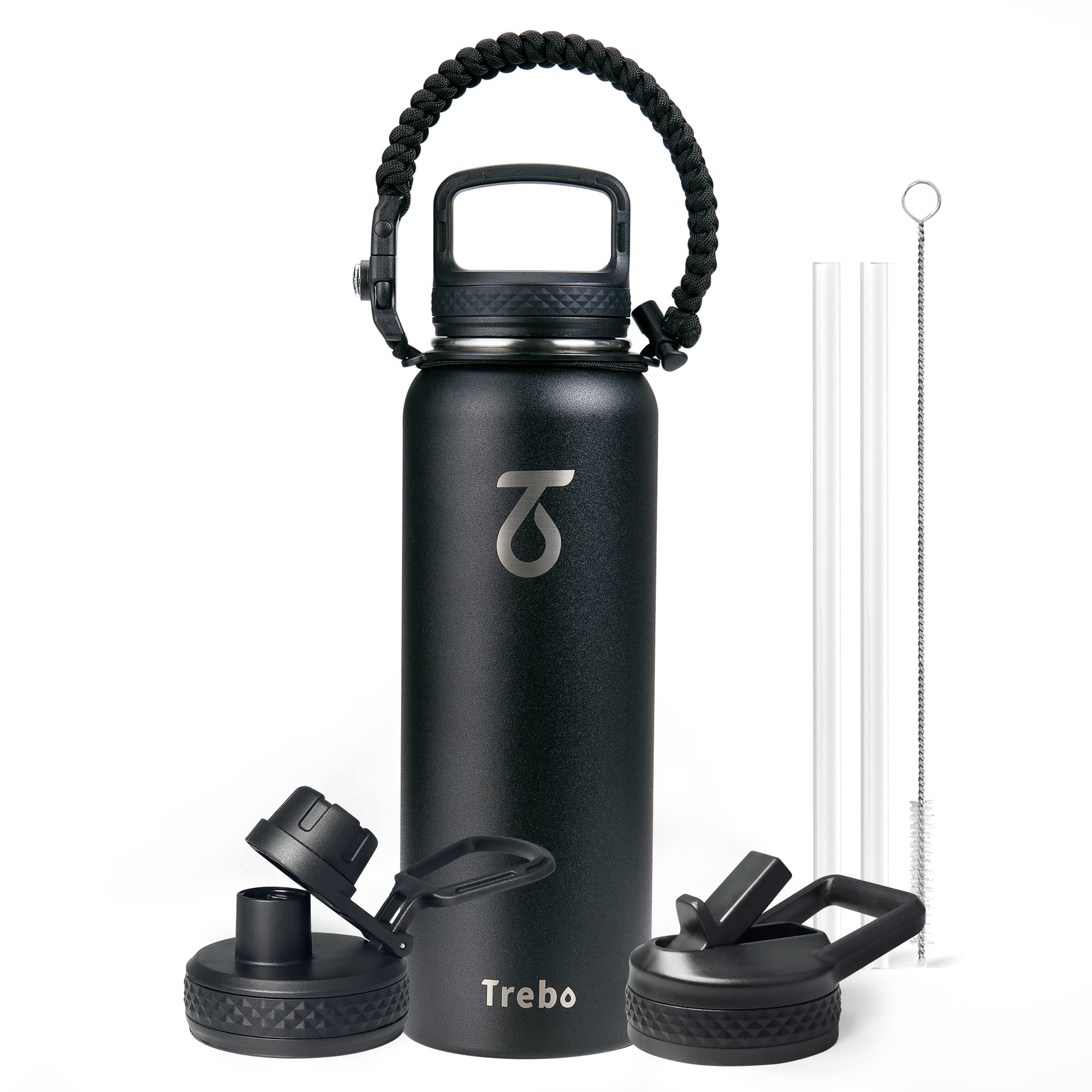 Stainless Steel Water Bottle 1.2 L, Trebo Insulated Water Bottle Double with Paracord Handle Sports Bottle Wide Mouth Keep Cold 48 Hours Insulated Water Bottle with 3 Lids, Black