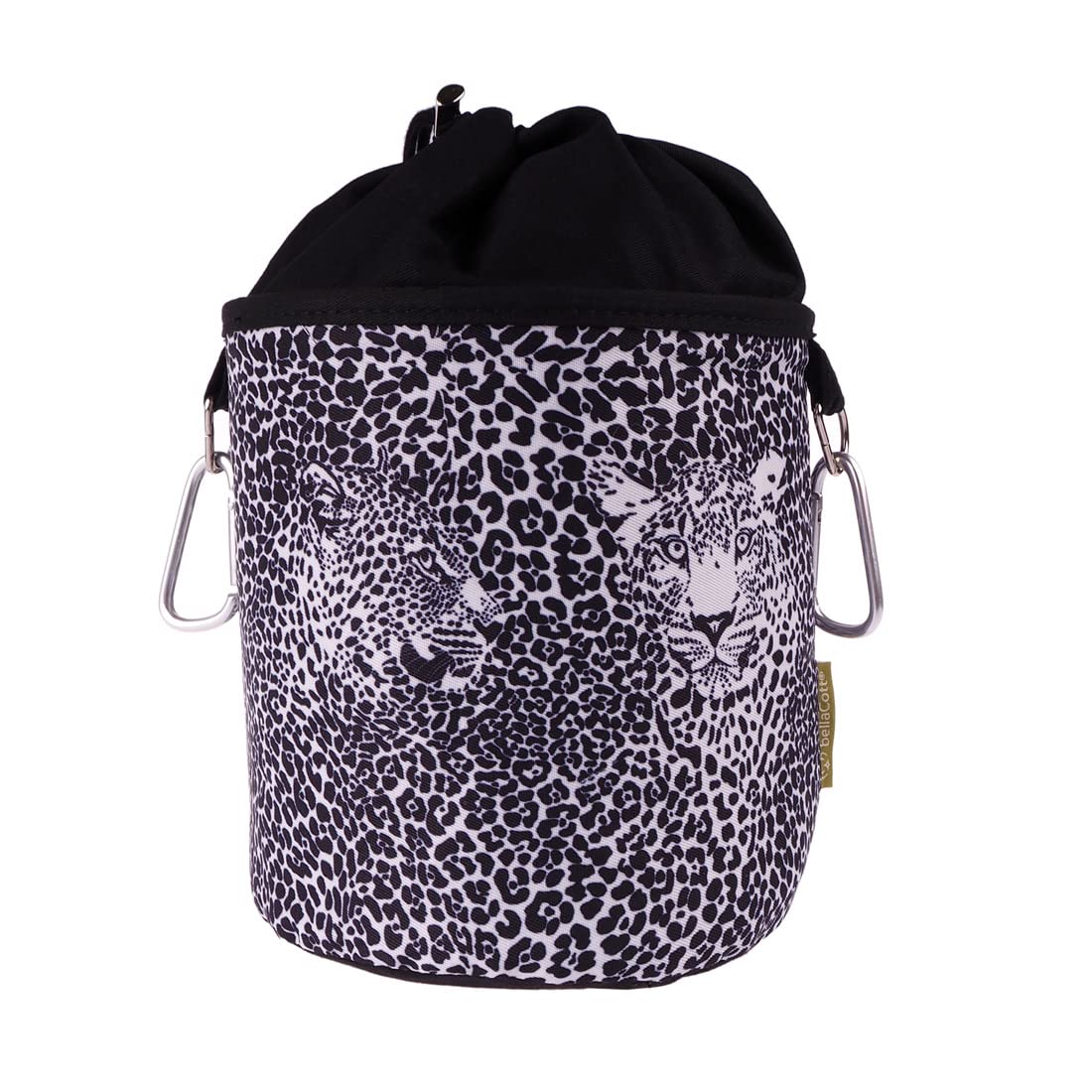 bellaCott Portable Clothes peg Bag for Hanging, Cotton with 2 Sturdy Carabiner Hooks, Drawstring Closure, Metal Stopper for Storing Clothes pegs, Ø 17 cm x 28 cm, Design: Black Leopard