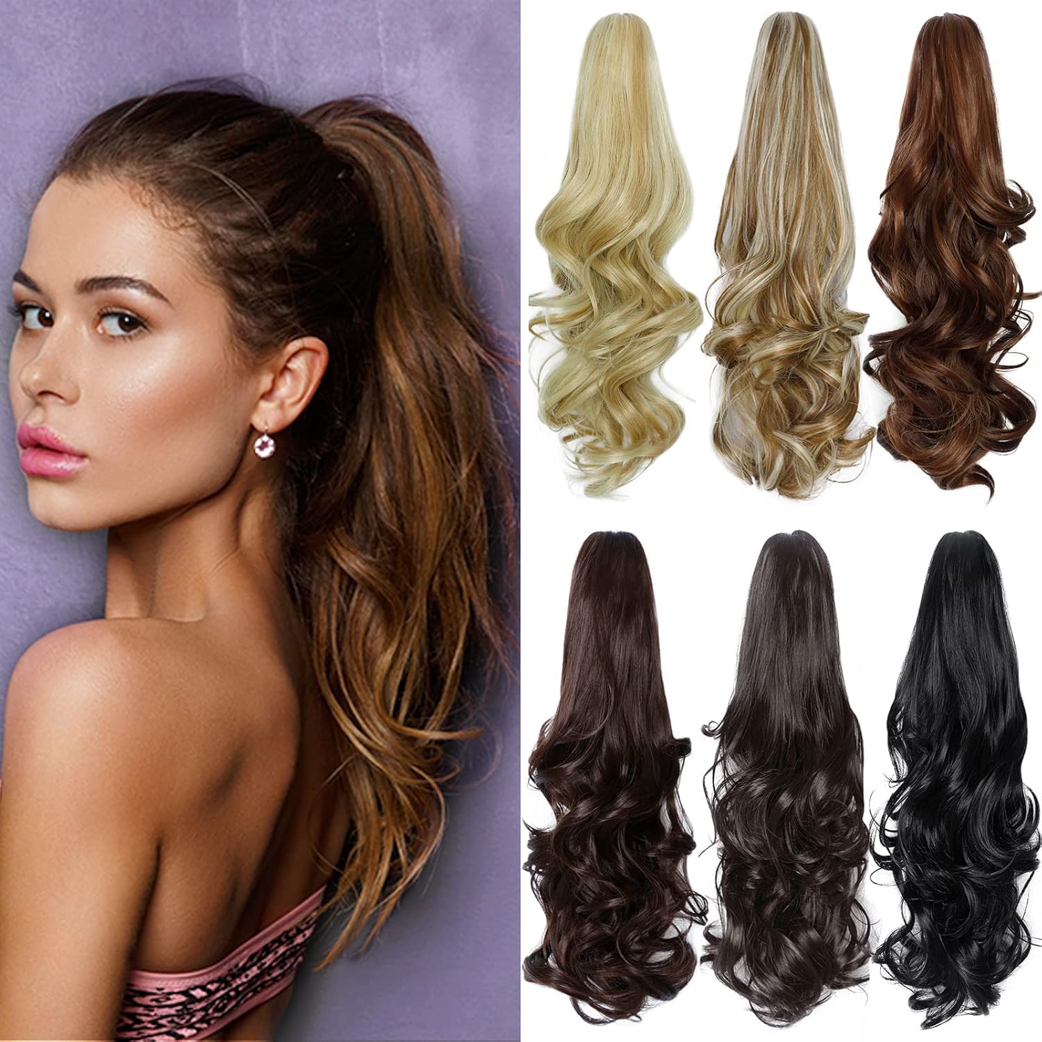 Yamel Ponytail Extension 16 Inch Long Curly Autumn Leaf Brown Claw Jaw Clip in Synthetic Hairpiece Pony Tail Tale Hair Extensions
