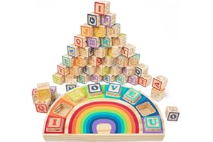 GIRAVO Building Blocks Set Wooden Blocks for Toddlers Rainbow ABC Letter Alphabet Stacking Blocks 26 Pcs Montessori Toys Educational Learning Toys for Kids Age 18 Months for Girls Boys