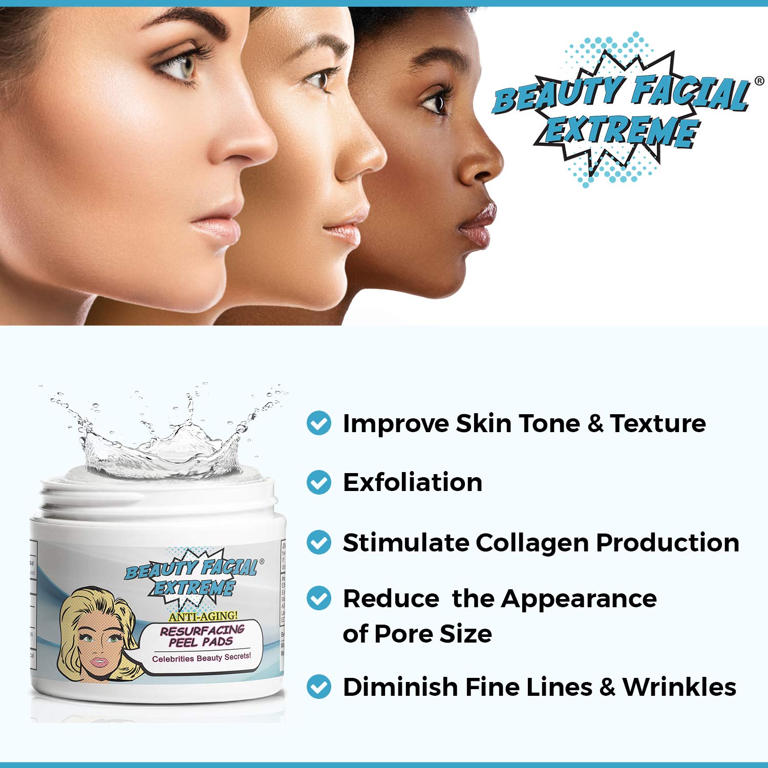 Anti Aging Resurfacing Chemical Peel Pads- Contains Lactic Acid, Salicylic Acid & Glycolic Acid for Face & Body. Repairs Fine Lines, Wrinkles, Dark Spots, Pores, Scars & Uneven Skin Tone.: Beauty