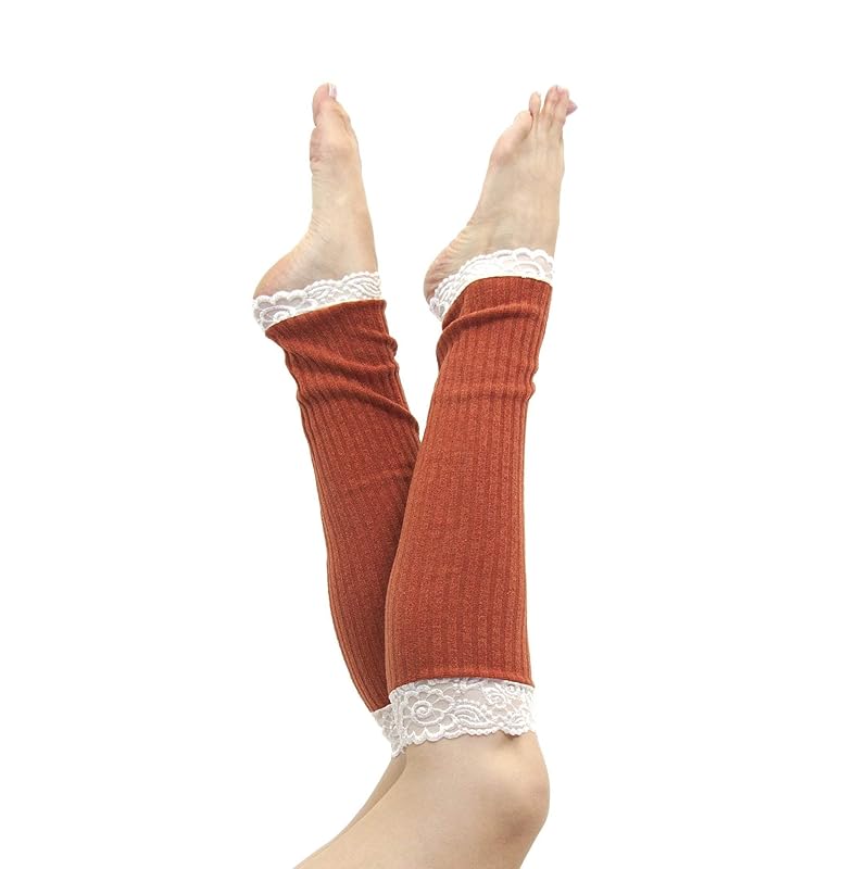 Long Lace Rib Knit Leg Warmers (Burnt Orange) Handmade