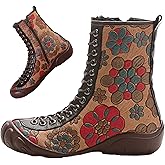 HNEOWGN Women's Vintage Leather Ankle-Support Boots,Comfy Waterproof Non-Slip Zip Floral Print Casual Dress High Mid-calf Boot