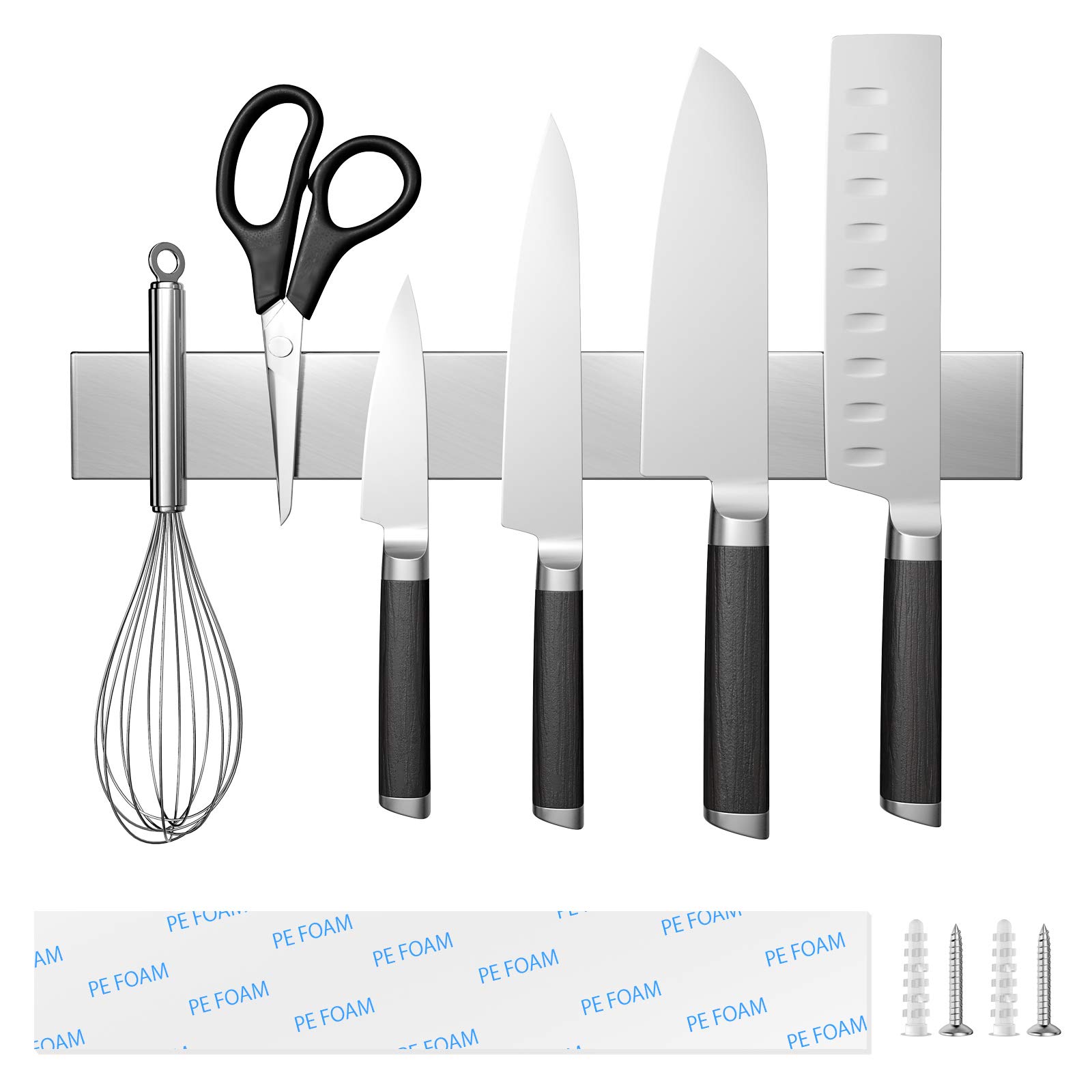 Magnetic Knife Holder, 12 Inch Stainless Steel Hanging Magnetic Knife Strip for Wall, Wall-Mounted Knife Rack/Bar Self Adhesive for Home Kitchen Utensil Holders, Kitchen Knife Organizers Easy Storage