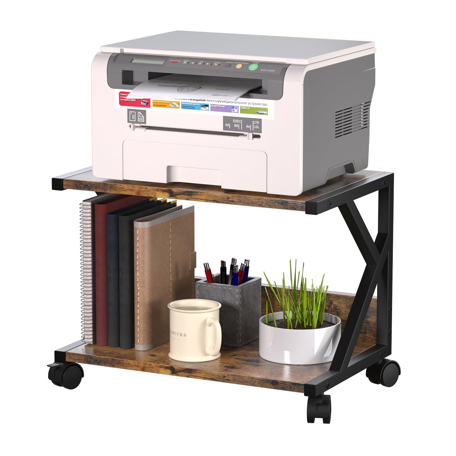 Huhote 2 Tier Desktop Printer Stand, Under Desk Printer Table, Multi-Purpose Desktop Storage and Organize, Wood Printer Stand with Wheels for A5 Folders Scanner Fax Machine Microwave Oven (Brown)