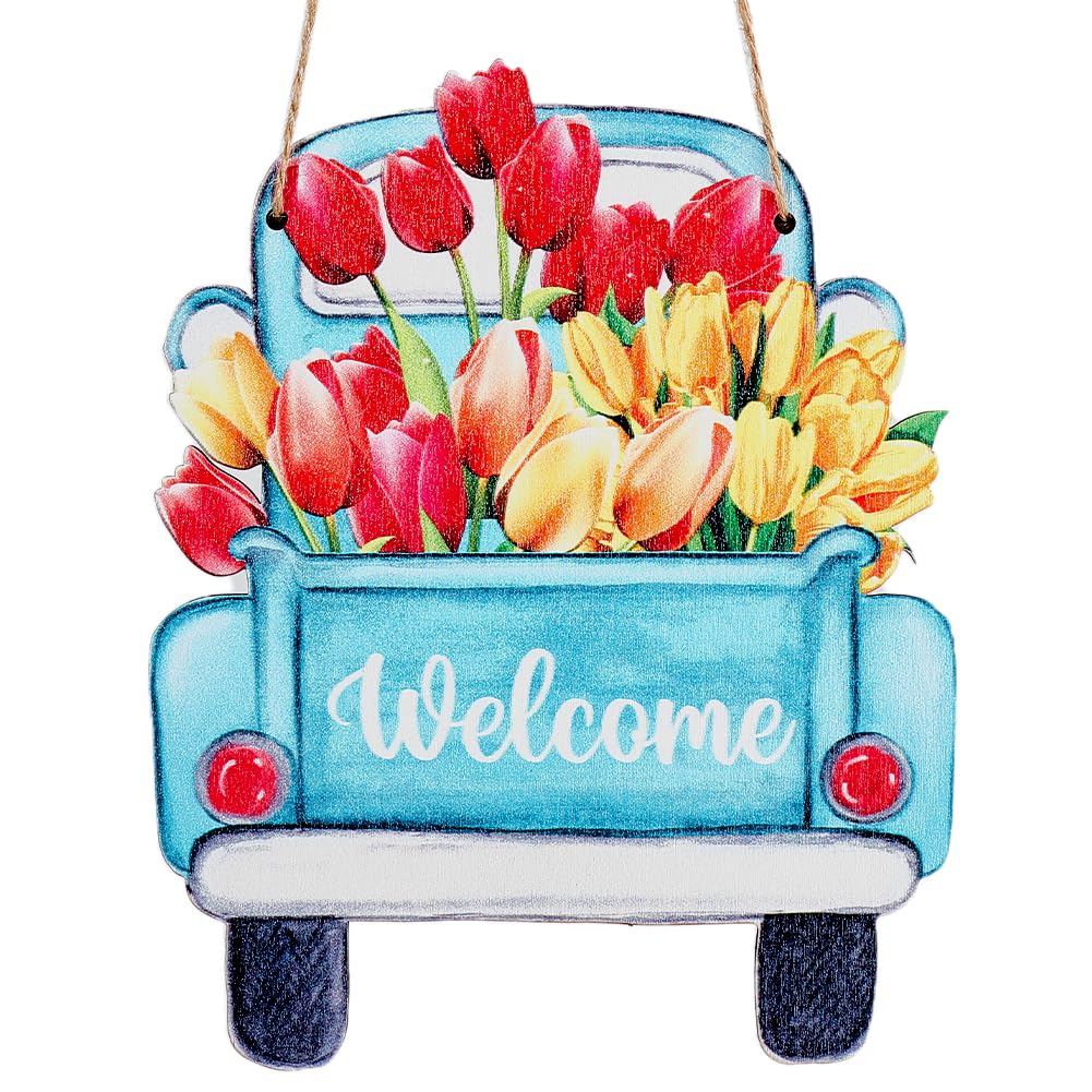 CREATCABIN Welcome Door Sign Wood Front Door Decor Car Flower Rustic Wall Hanging Decorations Welcome Signs with Jute Twine Plastic Hook for Farmhuose Porch Home Spring Summer Fall Winter 6 x 7.8Inch