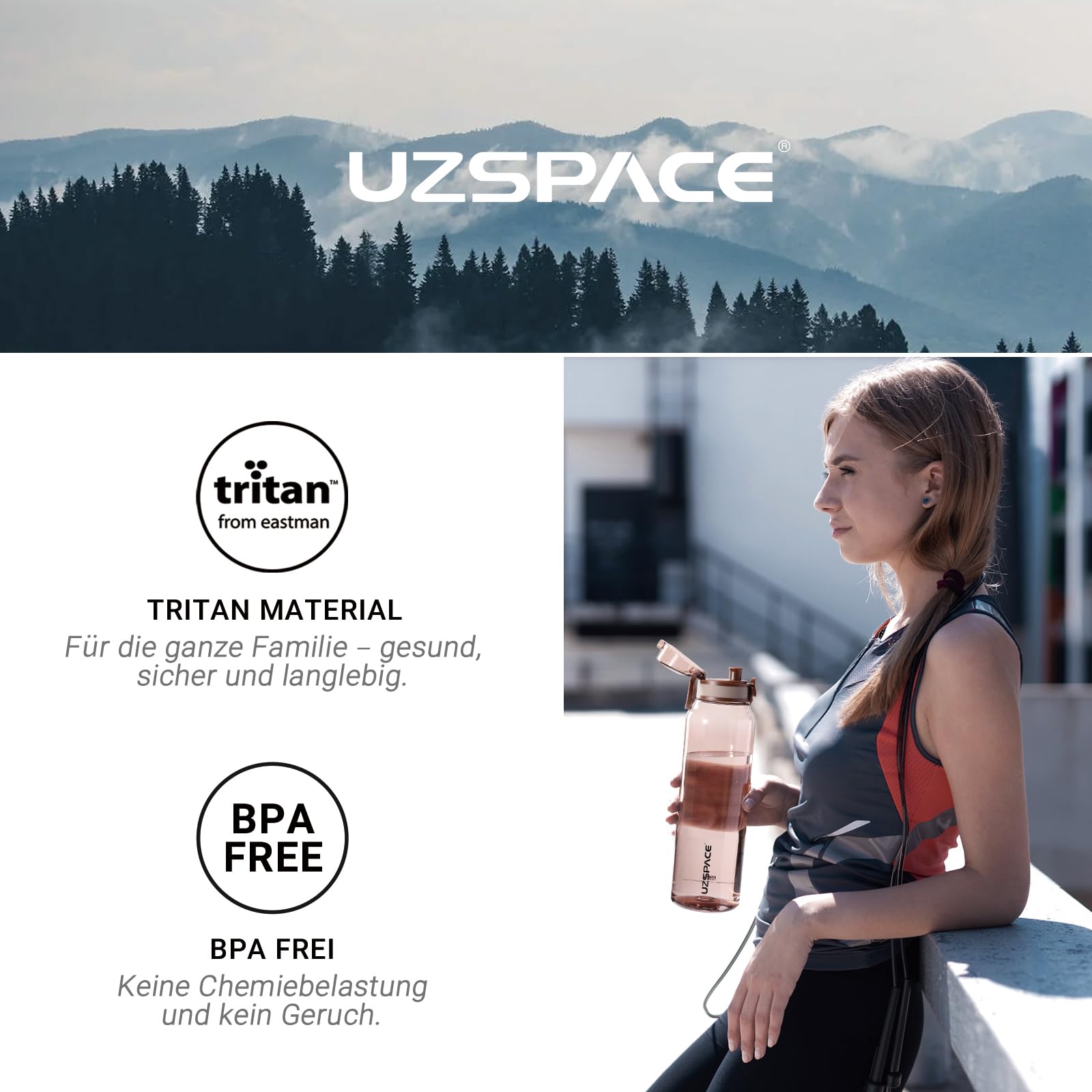 UZSPACE Trinkflasche Sport 1L, Tritan Bpa-Frei Trinkflasche Auslaufsicher mit Einhandbedienung, Kohlensäure Geeignet, Spülmaschinenfest, Wasserflasche für Gym Frauen Yoga, Braun 4
