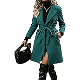 Hooever Women's Double Breasted Wool Blend Coat Winter Notched Lapel Belted Peacoat Mid Long Jacket