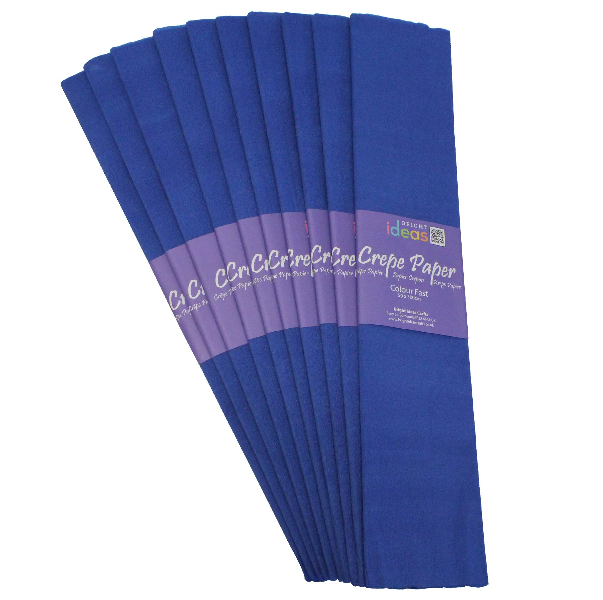 Bright Ideas Crepe Paper Sheets – Dark Blue. Sheet Size: 50cm x 3m, Pack of 10 Folds. 17gsm, 40% Stretch, Colourfast and Acid Free. Ideal for Flower Making, Gift Wrapping and Arts & Crafts.