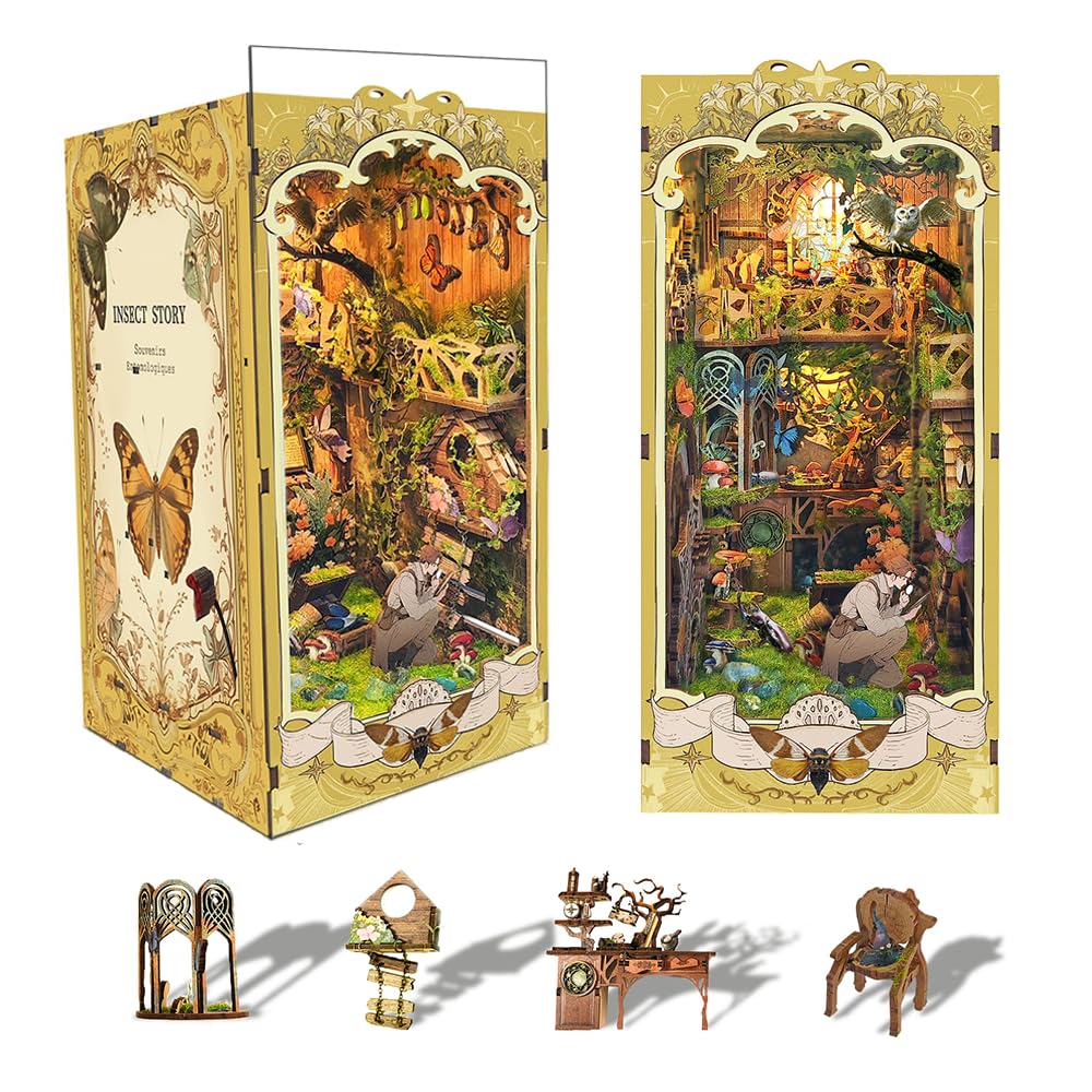 STRUCWOOD DIY Book Nook Kit Wooden 3D Puzzle Bookend - Dollhouse Bookshelf Halloween Christmas Decorations Gifts for Adults and TeensInsect Story (Insect Story)