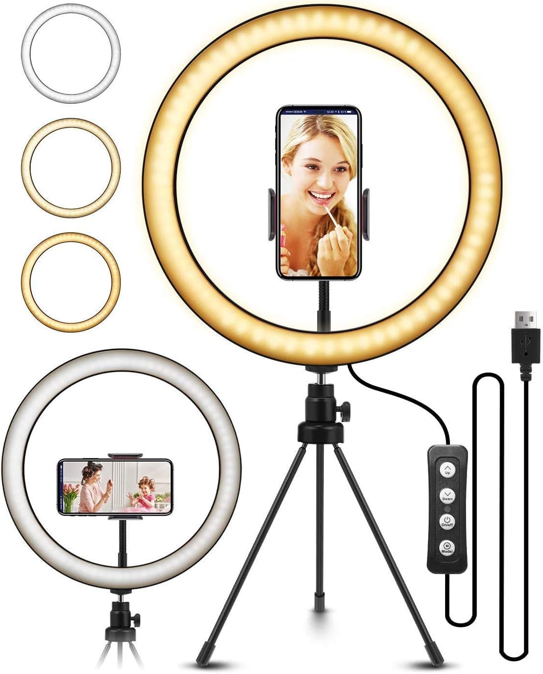 10.3" Selfie Ring Light with 78" Extendable Tripod Stand & Cell Phone Holder for Live Video Shooting, Dimmable 3300-5600K Ring Light for Makeup Vlogging Selfie, 3 Light Modes &10 Brightness Levels