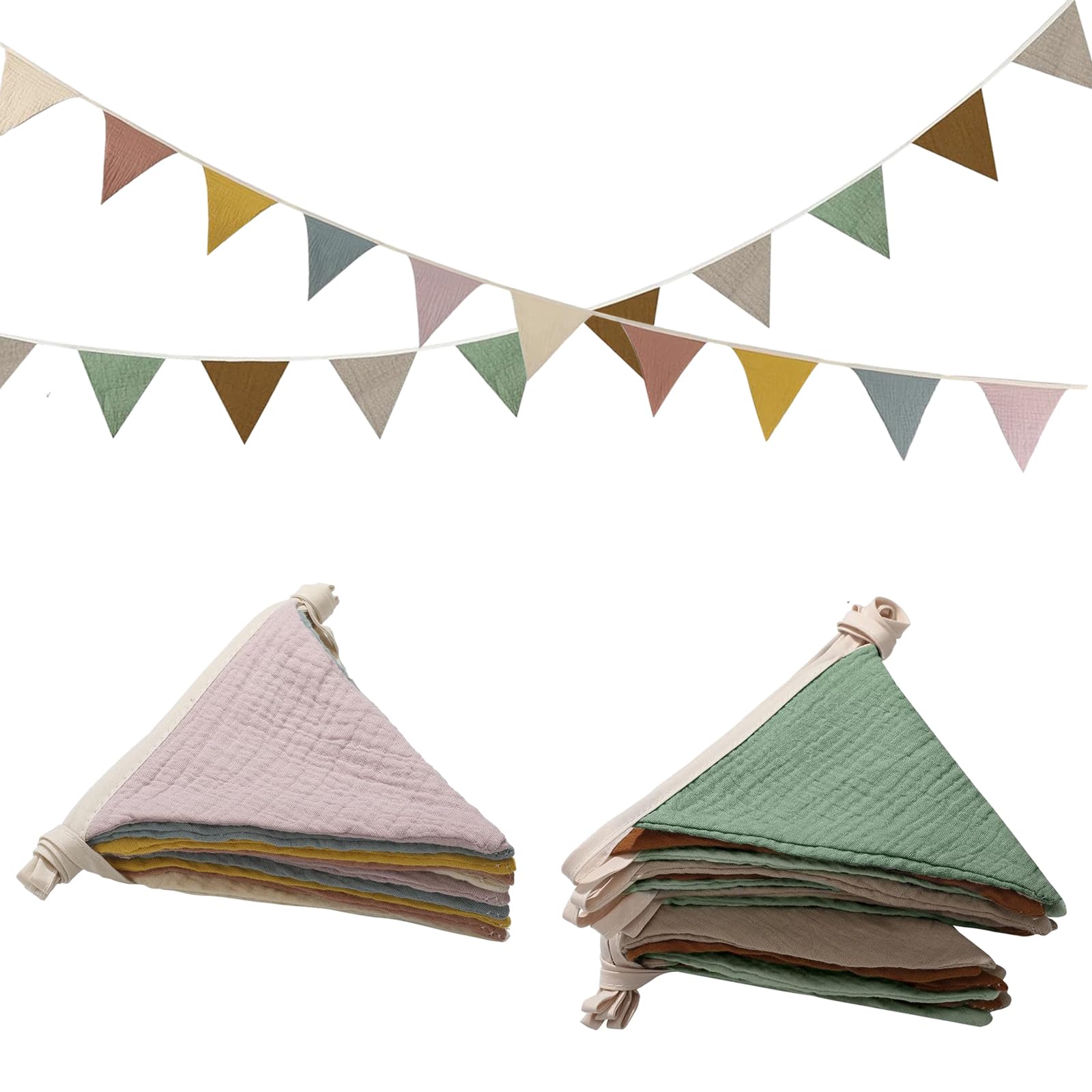 Yicoovey Set of 2 Morandi Bunting (236 cm) - Eco Cotton Decoration for Baby/Nursery Pastel Rainbow & Grey Green Decorative Chain for Photo Backgrounds & Birthday Parties
