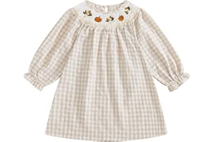 AYALINGGO Toddler Baby Girl Halloween Dress Plaid Long Sleeve Smocked Pumpkin Face Print Outfit A-line Fall Dresses for Kids