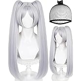 ANOGOL Hair Cap + Frieren Wig Cosplay White Ponytail Wig Women Long Straight Silver Synthetic Hair White Pigtails for Halloween Party Costume Outfit