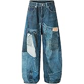 Aelfric Eden Mens Baggy Barrel Jeans Mens 3D Print Wide Leg Jeans Y2k Hip Hop Streetwear Denim Pants