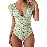 Aidonger Women's One Piece Ruffle Swimsuit Tummy Control Bathing Suit V Neck Shell Stitched Swim Suit Slimming Swimwear