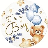 Mobiusea Creation It's a Boy Bear Baby Shower Favors Labels | 60pcs Waterproof Elegant Blue Beige with Gold Foil Watercolor Sticker in 2" | Baby Shower Decorations