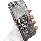 Changjia for iPhone 16e Glitter 3D Butterfly Case, Cute Luxury Bling Sparkly Diamond Rhinestones Liquid Flowing Case with Camera Lens Protector TPU Bumper Women Girls for iPhone 16e 6.1" 2025, Silver