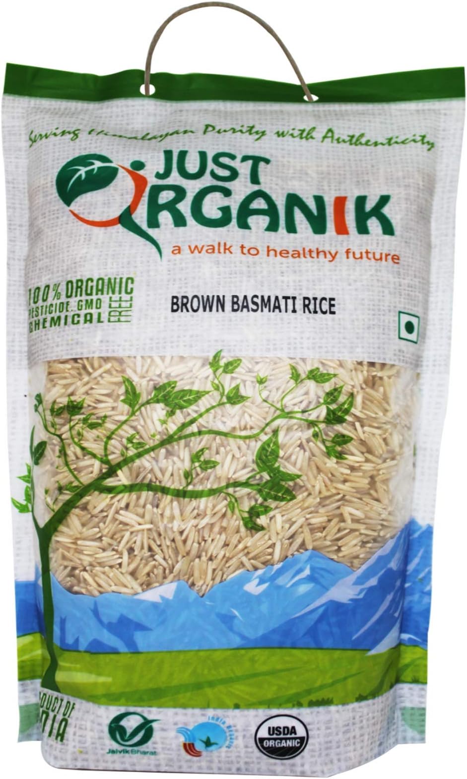 Just Organik Brown Rice Basmati 2 lbs (907gm), 100% Organic, GMO Free, Chemical Free, Pesticide Free, USDA Certified