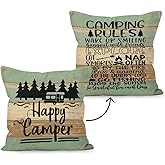 HUYAW Rustic Happy Camper Wood Board Reversible Throw Pillow Cover, Camping Camper Gifts for Women Men, Camping Rules Pillow Case 18 x 18 Inch Home RV Camper Bed Sofa Decor