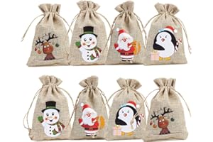 CCINEE 36pc Christmas Linen Bags with Drawstrings Christmas Burlap Goody Gift Bags with Double Jute Drawstrings, 4 designs Snowman, Santa Claus, Penguin and Reindeer