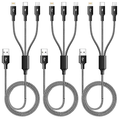 3 in 1 Multiple Charging Cable(2Pack 4Ft), Braided Multi Charger Cord Fast Charging Cable Universal USB Cable with Type C/Micro USB Port for Cell Phones, iPhone 16 15 14 13 Series (3, Black, 4Ft)