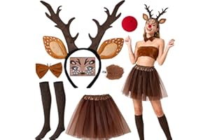 ROTAMORA 8Pcs Deer Antlers Headband Costume Set Women, Cute Christmas Deer Ear Costume Accessories Adult Reindeer Tail Tutu Skirt Facial Sticker Animal Costumes for Halloween Party Cosplay Dress up Outfits
