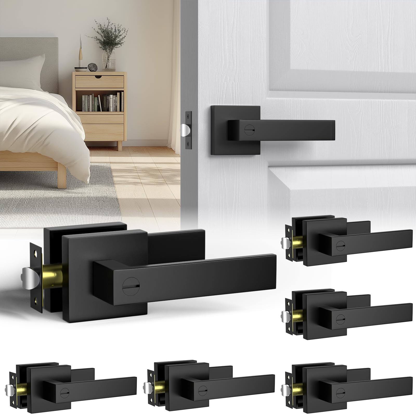 Photo 1 of Matte Black Door Handle 6 Pack, Keyless Privacy Door Lever with Lock, Zinc Alloy Door Handles Interior for Bedroom or Bathroom, Heavy Duty Square Door Lock 2.2lbs,Reversible for Left Right Handed Door