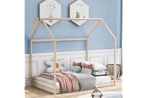 Harper & Bright Designs House Bed for Kids Full Size, Toddler House Full Bed with Roof,Wood Floor Bed Frame for Girls Boys Bedroom Furniture, Box Spring Needed，Natural