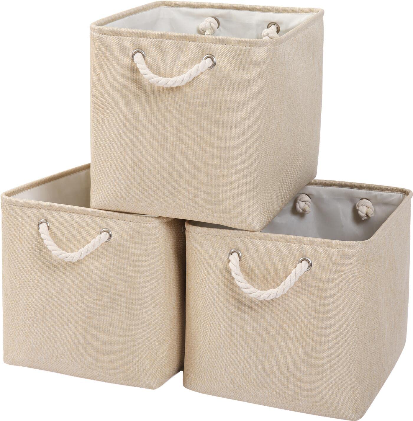 Mangata Fabric Storage Baskets,33 x 38 x 33cm Large Foldable Storage Boxes for Organizing Clothes Shelf Nursery Closet(Beige, Set of 3)