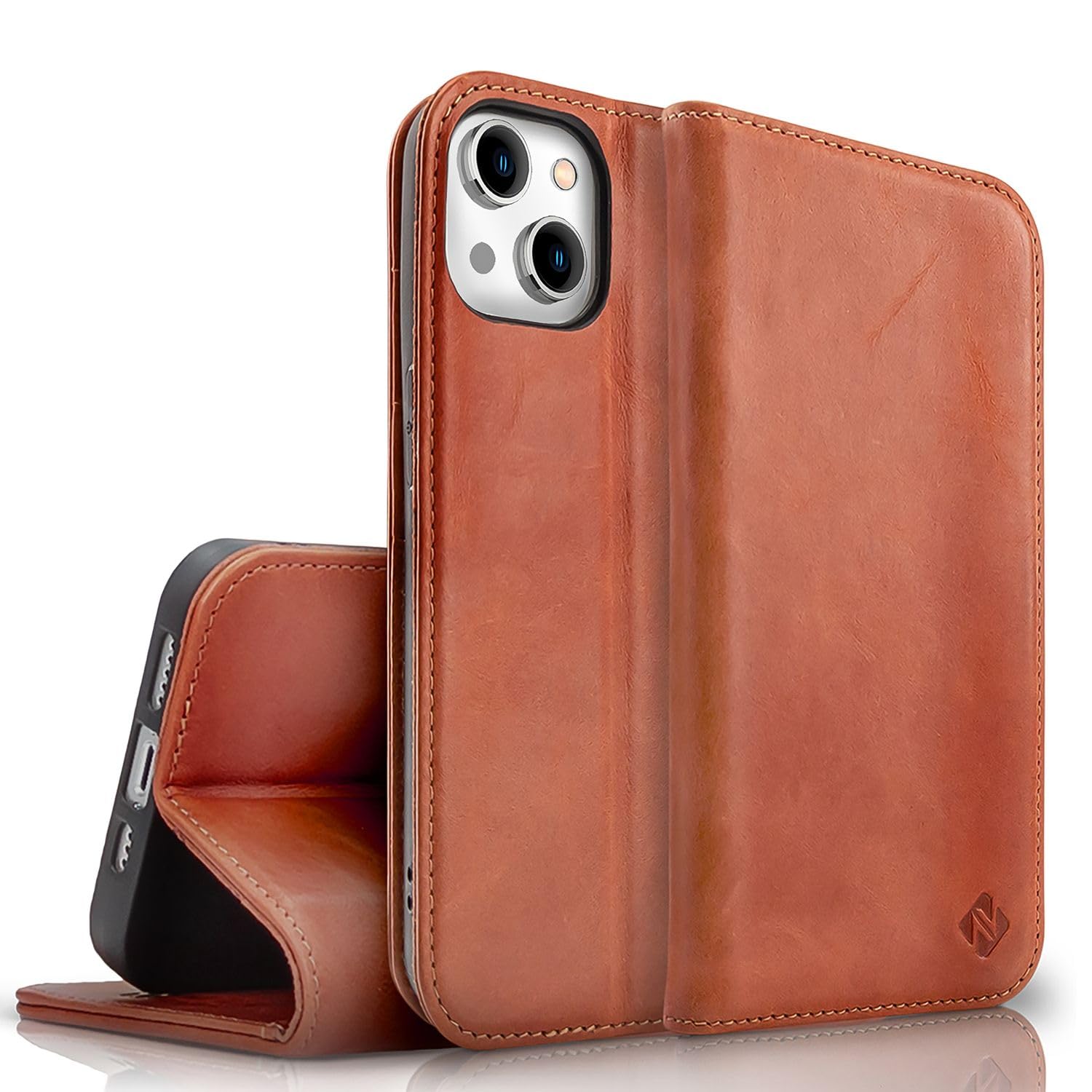 NALIA Genuine Leather Case for iPhone 15 - RFID Wallet & Magnetic Closure - LEVANTO (Handmade Book Cover) - German Brand, Color:Brown