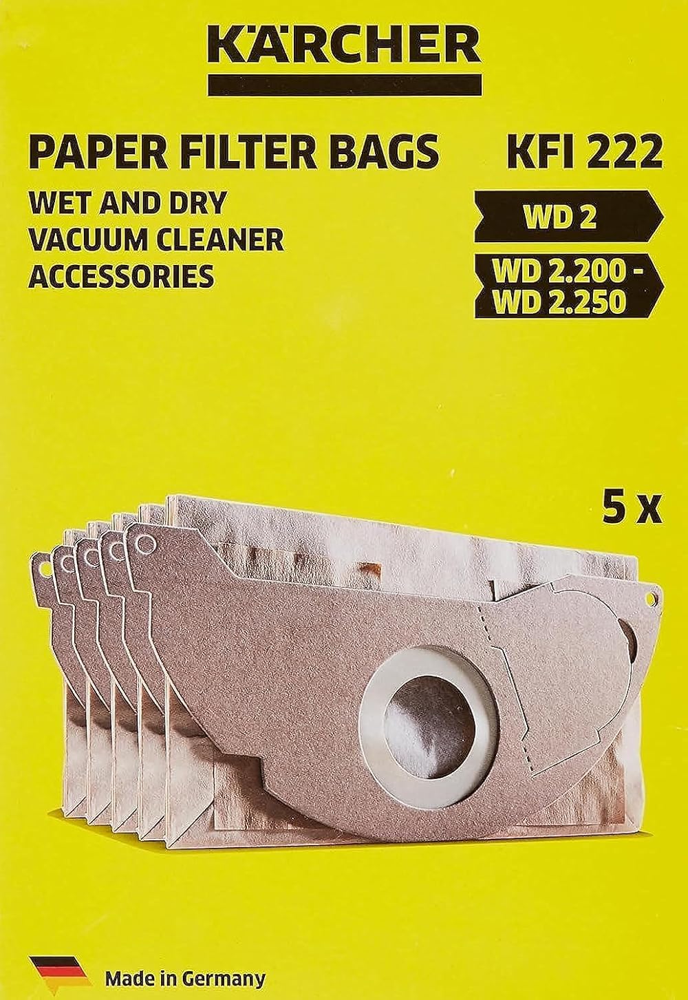 Kärcher KFI 222 Paper Filter Bags 5 pcs 2-ply for WD MV WD 2.200-2.550