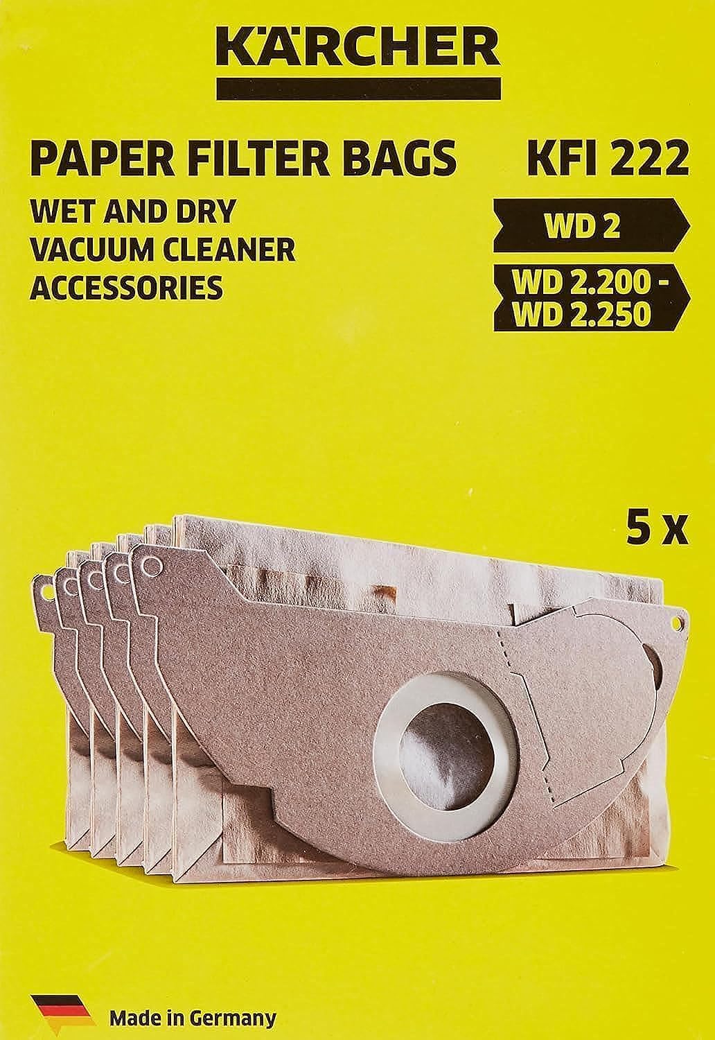 Kärcher Original Paper Filter Bags KFI 222: 5 pieces, 2-play, custom-fit for Kärcher Wet and Dry Vacuum Cleaners WD 2, MV 2, WD 2.200 to WD 2.550, SKU 6.904-332.0