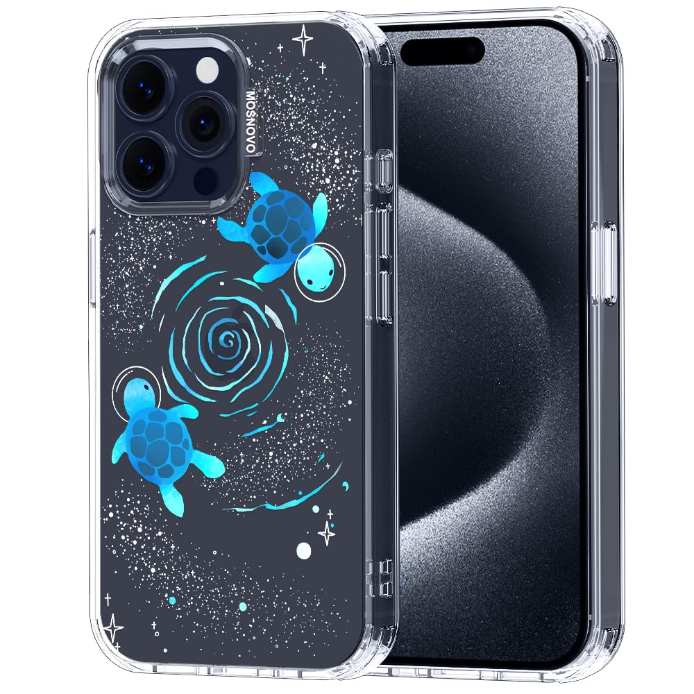 MOSNOVO Case for iPhone 15 Pro Max, [Buffertech 6.6ft Military-Grade Drop Protection] [Anti Peel Off Tech] Clear TPU Bumper Phone Case Cover Design - Space Turtle