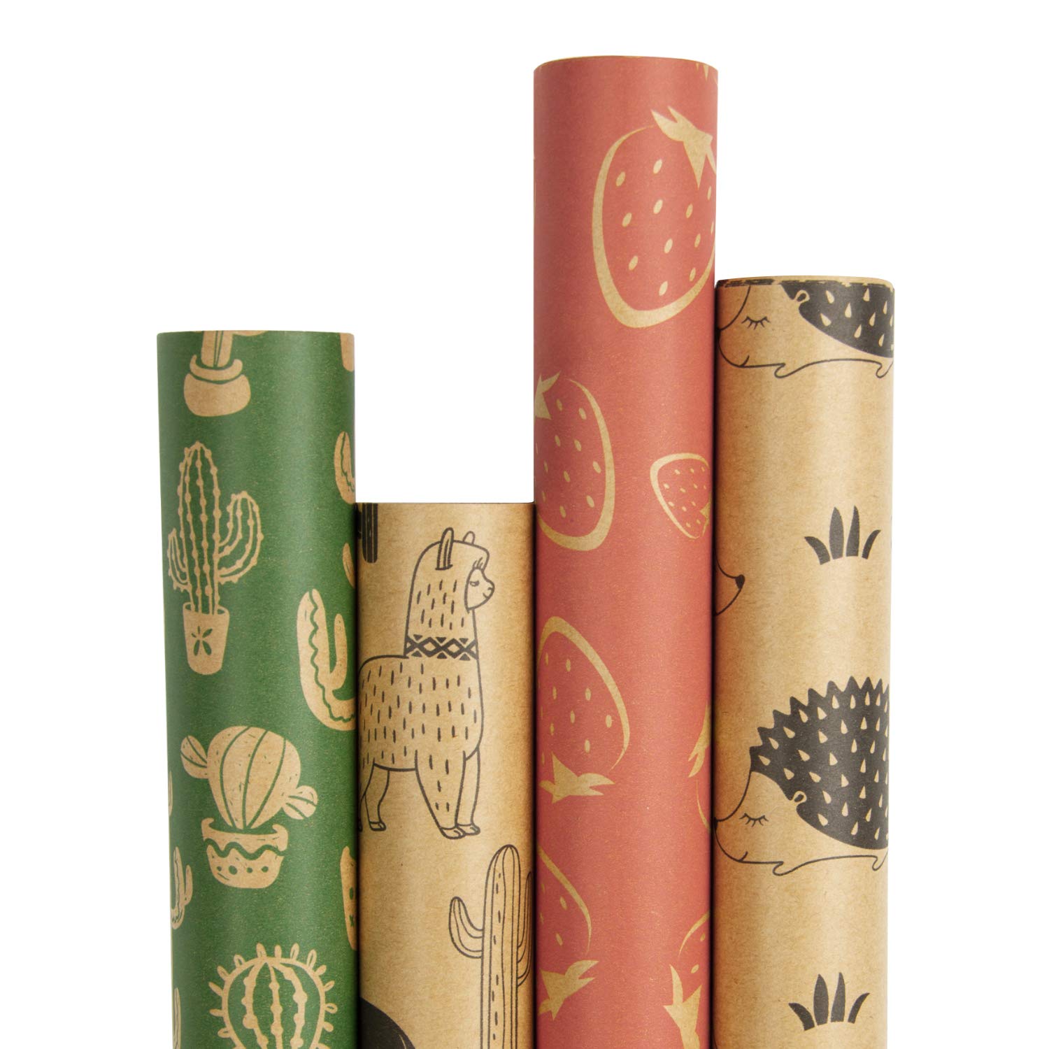Kraft Wrapping Paper Roll - Cactus/Strawberry/Alpaca/Hedgehog Printed Great for Congrats, Holiday and Special Occasion - 4 Roll - 30Inch X 10Feet Per Roll
