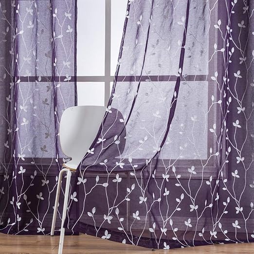 Amazon Com Kotile Sheer Curtains Purple 63 Inches White Floral