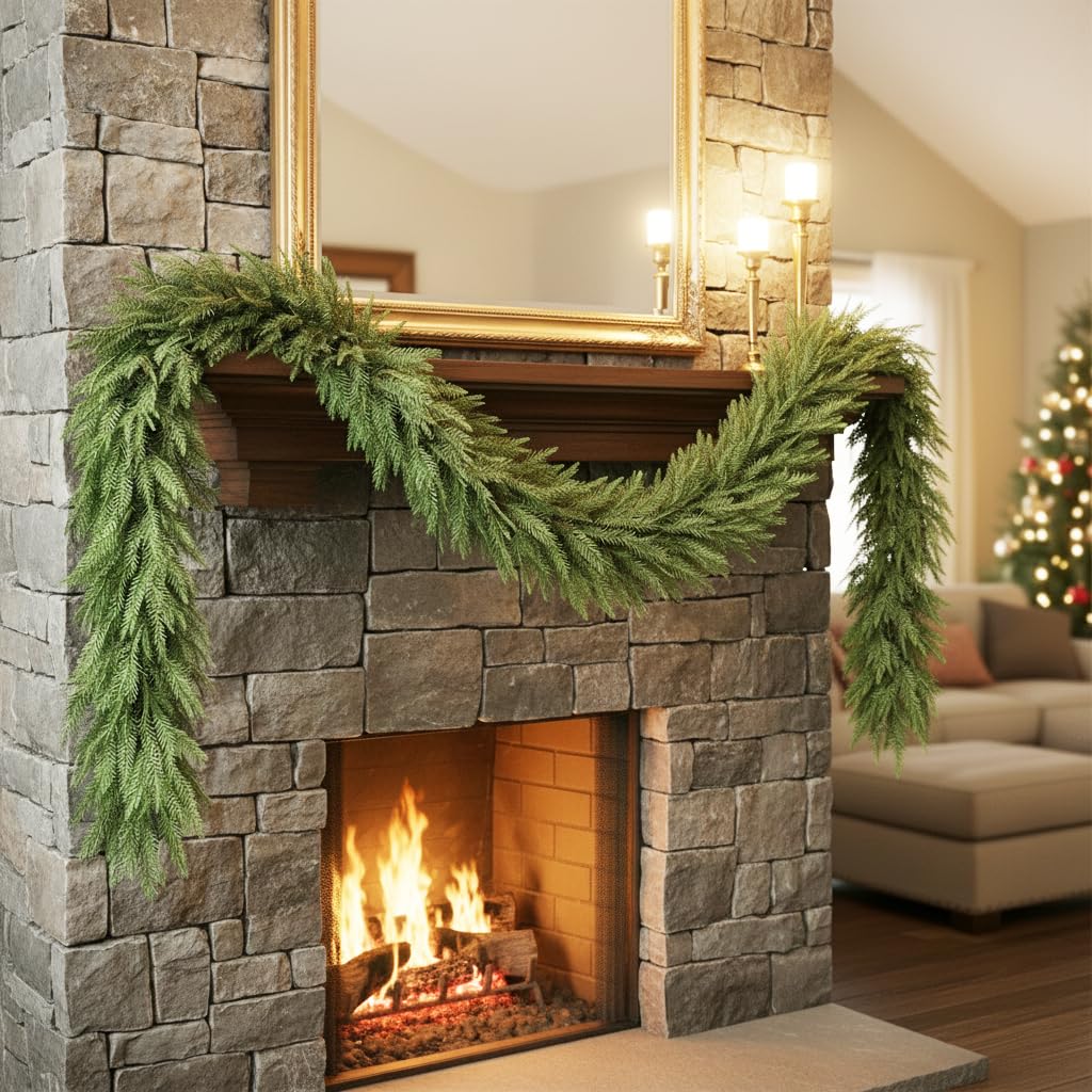 View 1 of 2 Pcs Christmas Norfolk Pine Garlands, 6 Ft Artificial Pine Garland Ornament, Realistic Green Artificial Greenery Garland for Table, Mantle, Wall, Indoor, Outdoor Christmas Decorations